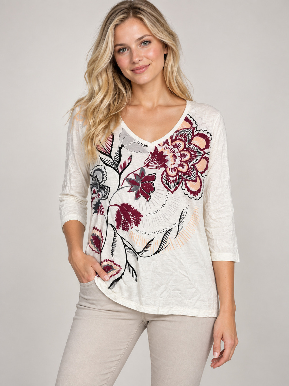 2/$30 Chico's Zenergy Cotton Floral V Neck Top L #A4909